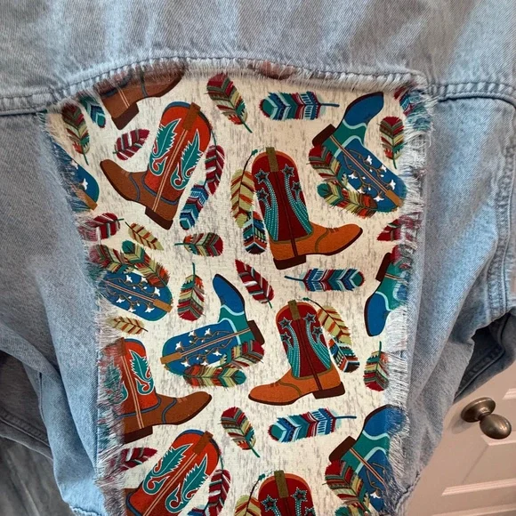 Blue Jean Demin Jacket with Colorful Boot Print Size Large - Picture 8 of 8